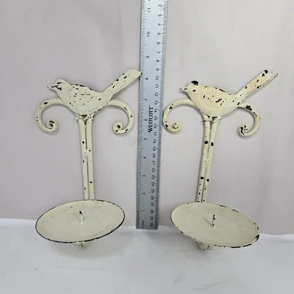 Bird Pillars Candle Holders Off White Patina Shabby Chic Rustic Farm House Metal - Picture 7 of 8